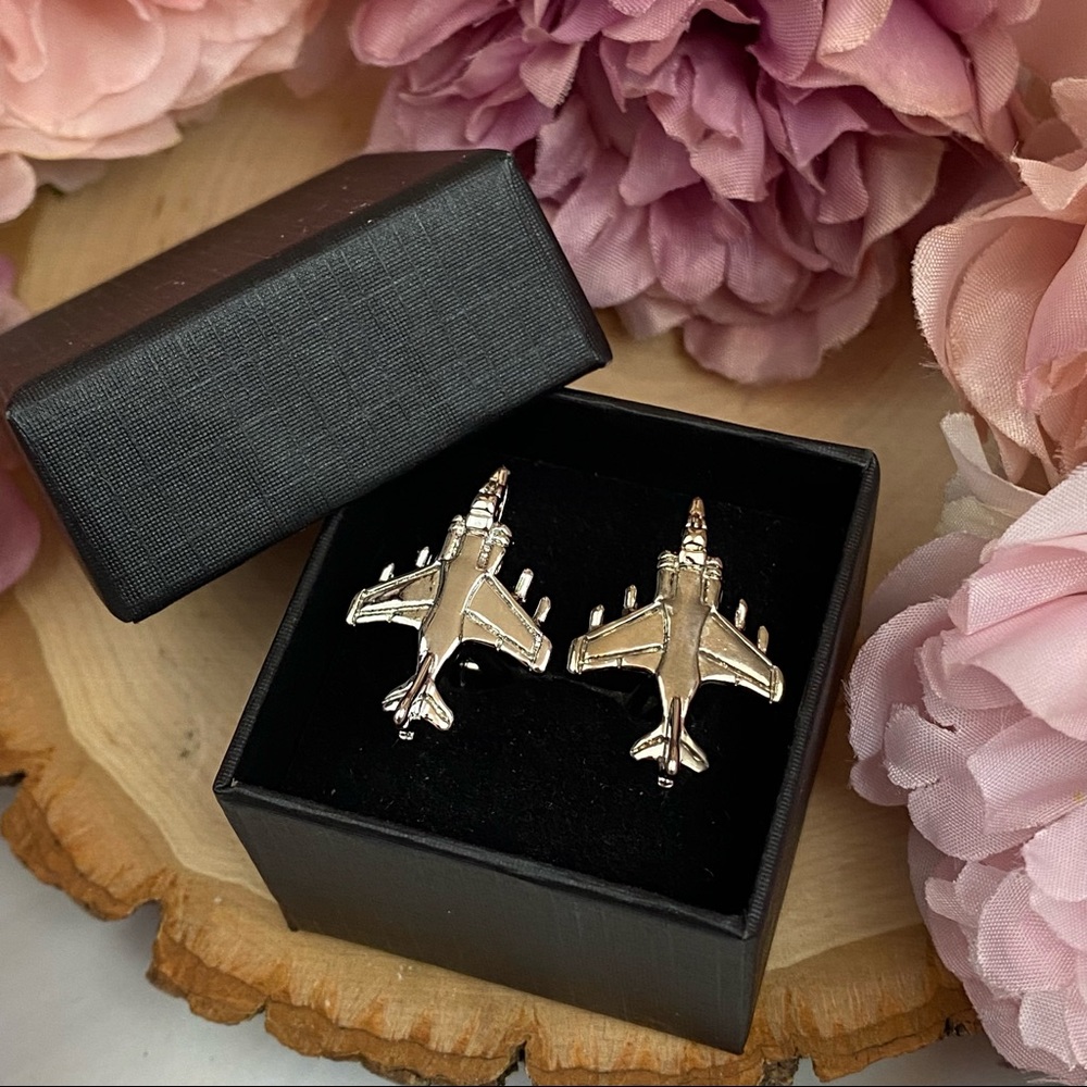 Silver Military Fighter Jet Airplane Cufflinks - Picture 12 of 15